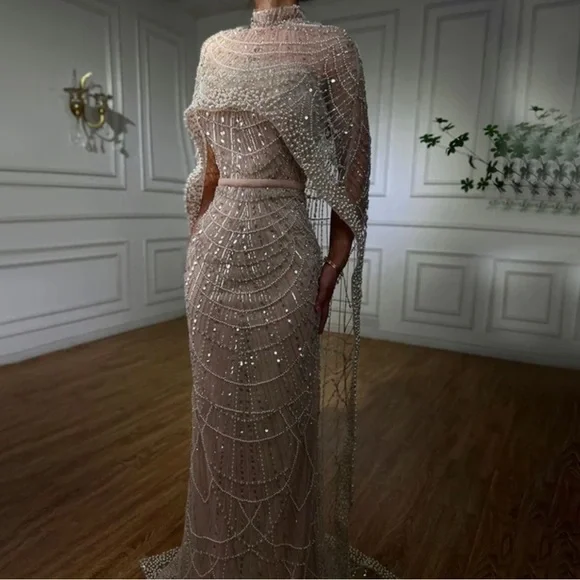 DUBAI Inspired Luxury NWT Pearl Nude Dress - Picture 1 of 3